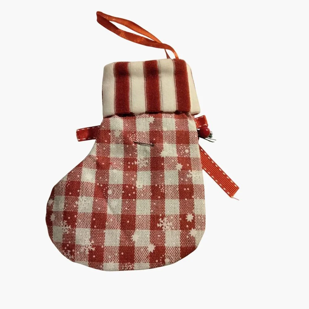 Red White Gingham Christmas Stocking Gift Bag Ornament Ribbon Berry Snowflake